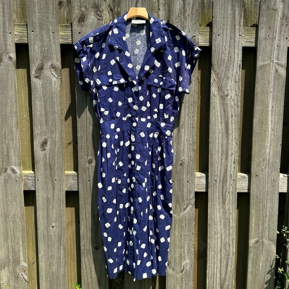 80s Blue Polka Dot Dress/Button Down Shirt Dress
